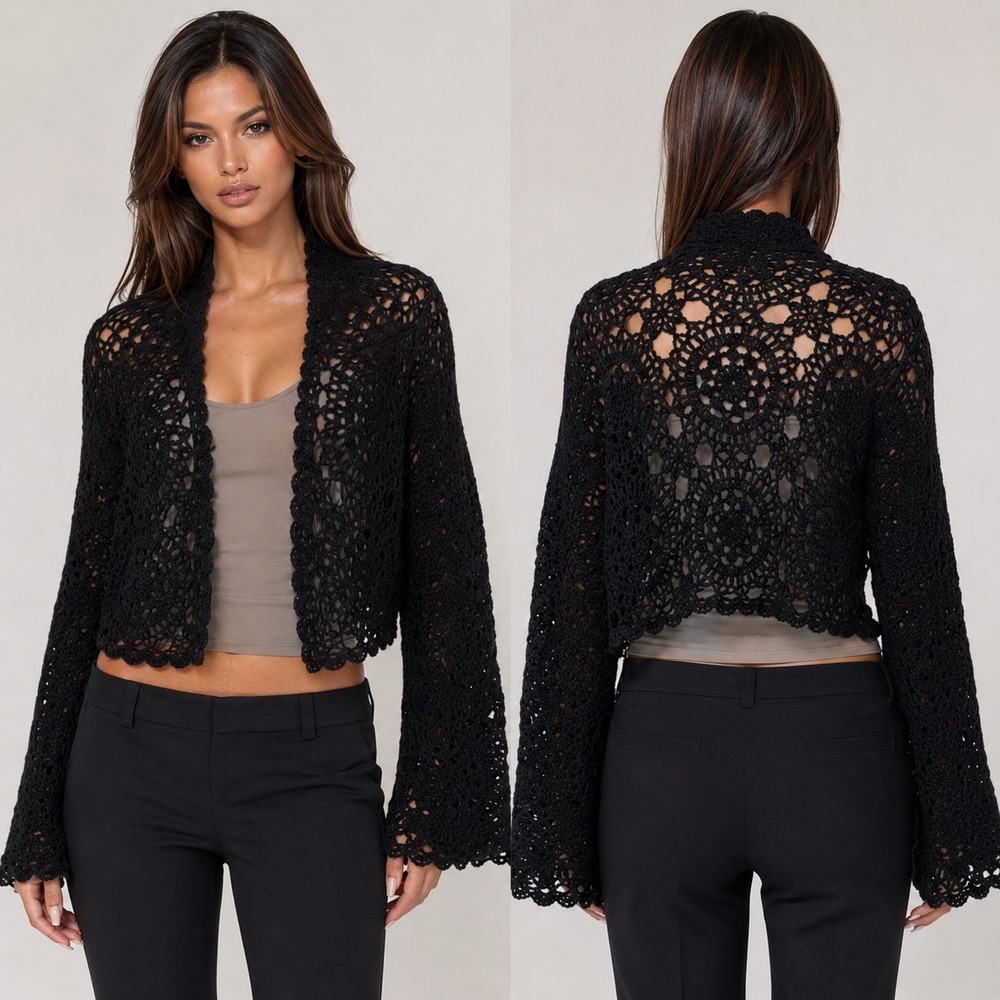 Bebe Y2K Black Crochet Floral Medallion Bell Sleeve Cropped Cardigan Shrug Small
